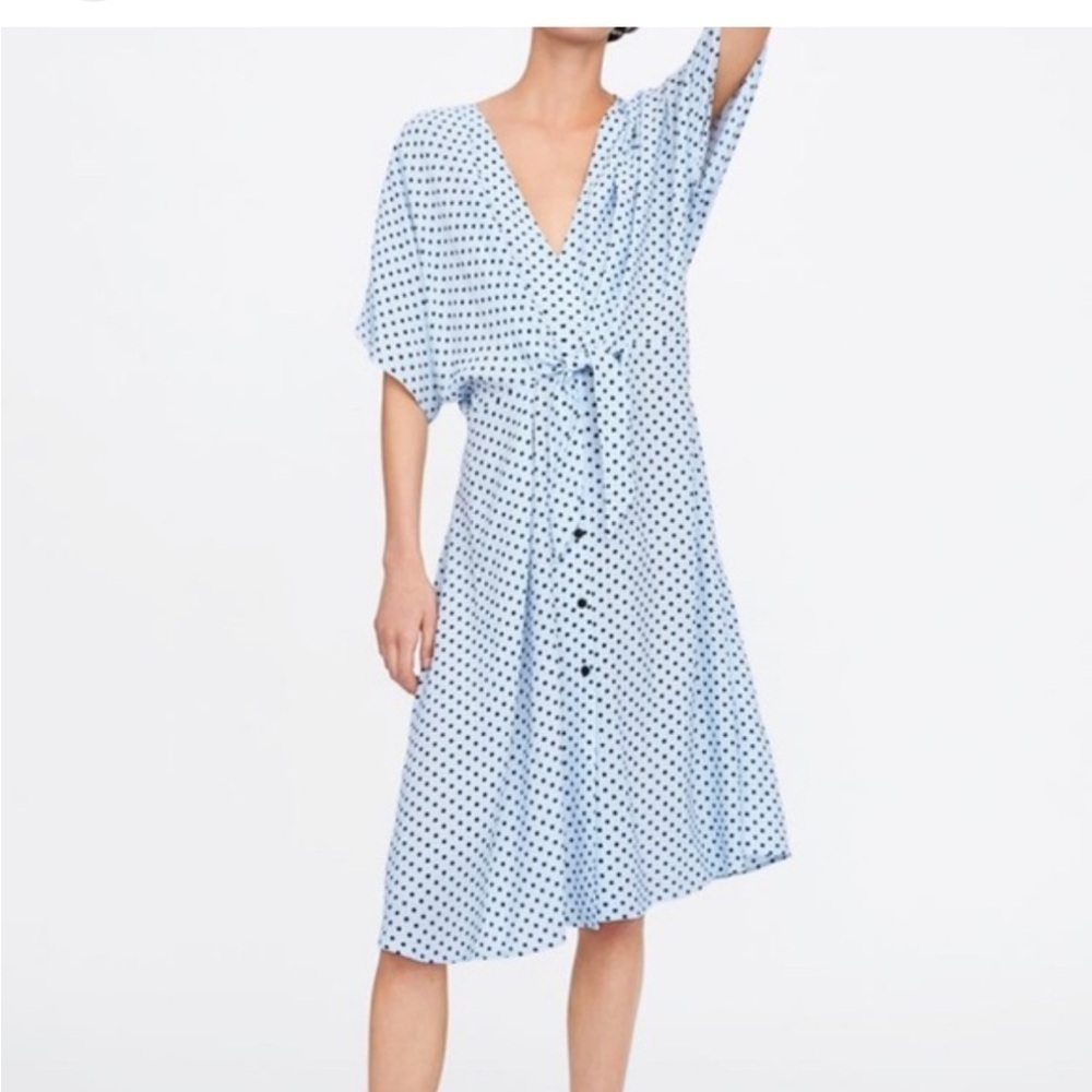 Zara Baby Blue Polka Dot Button Front Dress